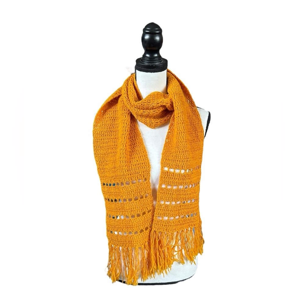 Vintage Pat Crowley Hand Crocheted 100% Wool Fringe Scarf Mustard Yellow Ireland